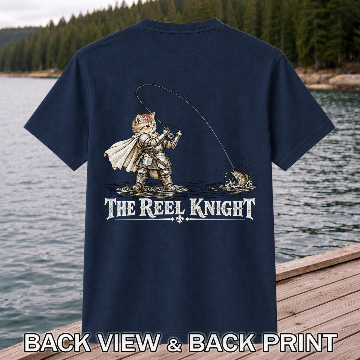 The Reel Knight Cat in Armor Funny Fishing Graphic T-Shirt | Back Print