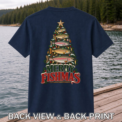 Merry Fishmas Trout Christmas Tree Fishing T-Shirt | Back Print