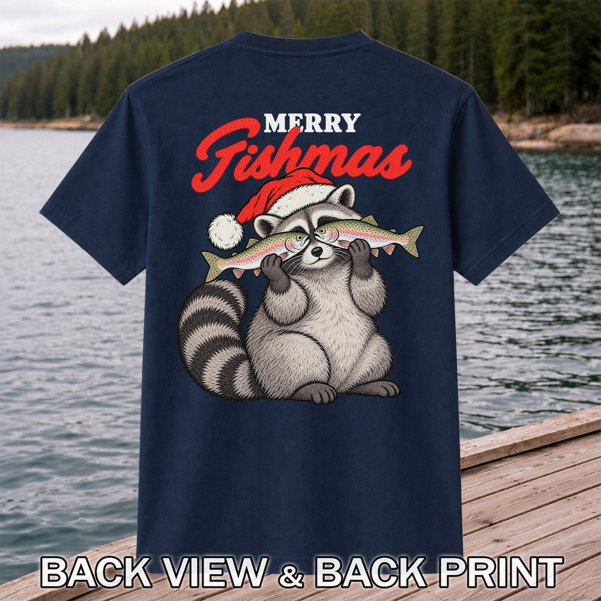 Santa Raccoon Holding Fish Christmas Fishing Graphic T-Shirt | Back Print