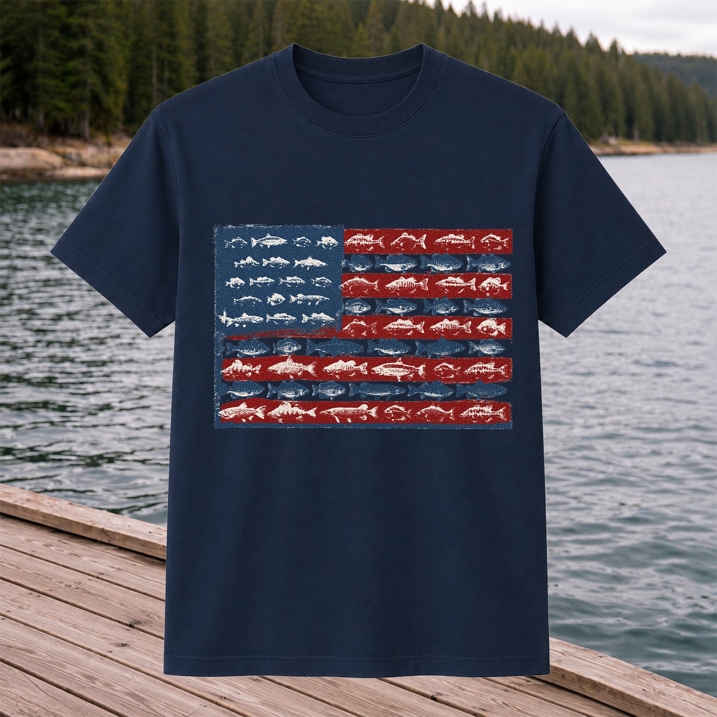 American Flag Made of Fish Patriotic Fishing Graphic T-Shirt