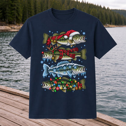 Christmas Bass with Santa Hat and Holiday Lights Fishing T-Shirt