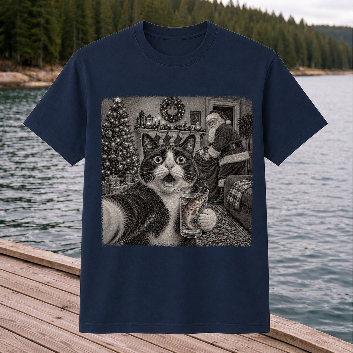 Christmas Cat Holding a Fish Mug Holiday Graphic T-Shirt