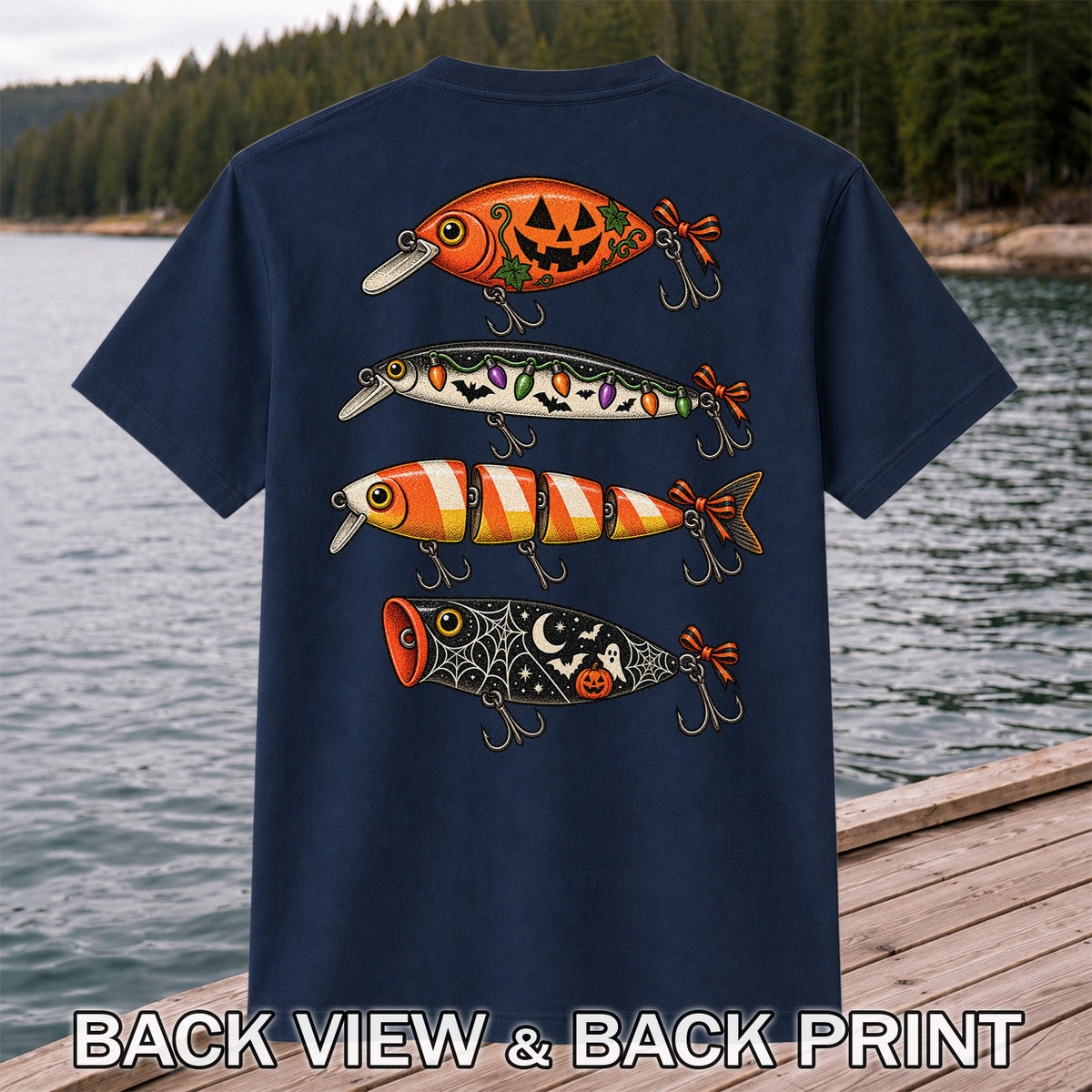 Halloween Fishing Lures with Pumpkin, Ghost and Candy Corn Graphic T-Shirt | Back Print