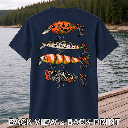 Halloween Fishing Lures with Pumpkin, Ghost and Candy Corn Graphic T-Shirt | Back Print