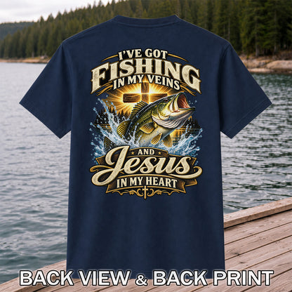I've Got Fishing in My Veins and Jesus in My Heart Bass and Cross T-Shirt | Back Print