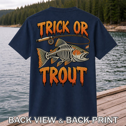 Trick or Trout Skeleton Trout Halloween Fly Fishing T-Shirt | Back Print