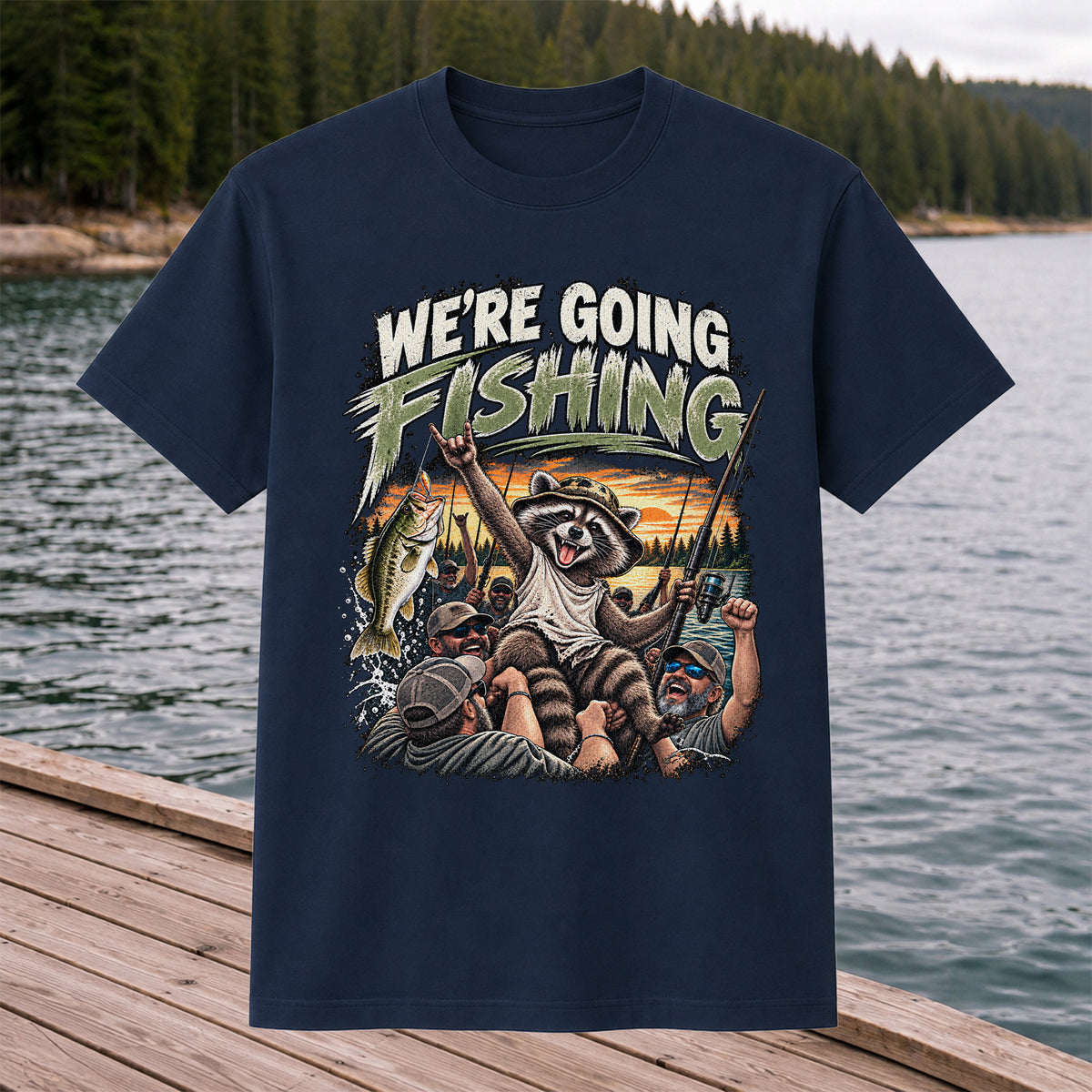 We're Going Fishing Raccoon Outdoor Fishing Graphic T-Shirt