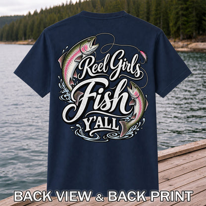Reel Girls Fish Y'all Rainbow Trout Women's Fishing T-Shirt | Back Print
