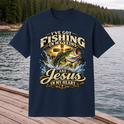 I've Got Fishing in My Veins and Jesus in My Heart Bass and Cross T-Shirt
