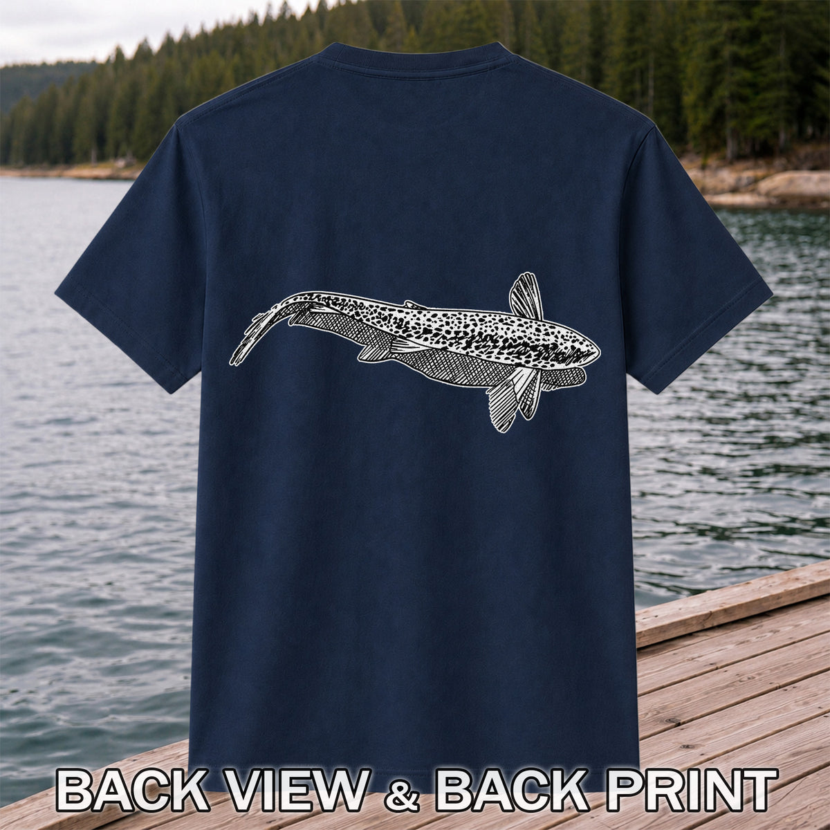 Black and White Trout Line Art Fishing Graphic T-Shirt | Back Print