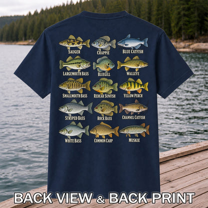 Bass Crappie and Catfish Freshwater Fish Chart Graphic T-Shirt | Back Print