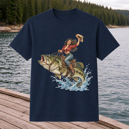 Vintage Cowgirl Riding a Largemouth Bass Fishing Graphic T-Shirt