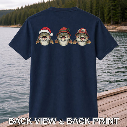 Funny Christmas Trout Trio Fishing Graphic T-Shirt | Back Print
