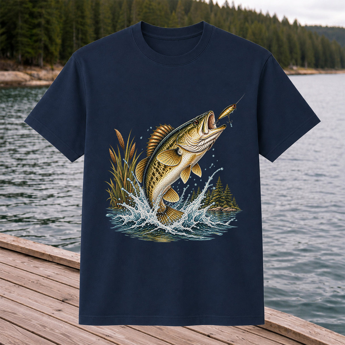 Jumping Bass Chasing a Lure Lake Fishing Graphic T-Shirt