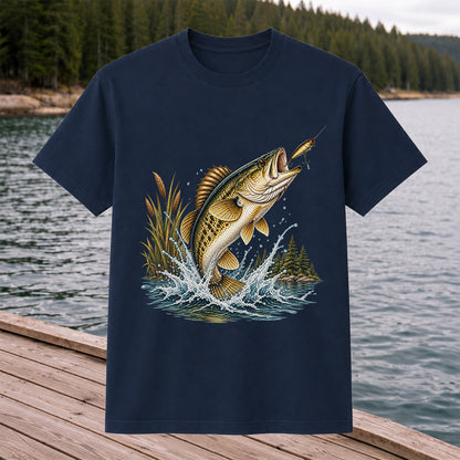 Jumping Bass Chasing a Lure Lake Fishing Graphic T-Shirt