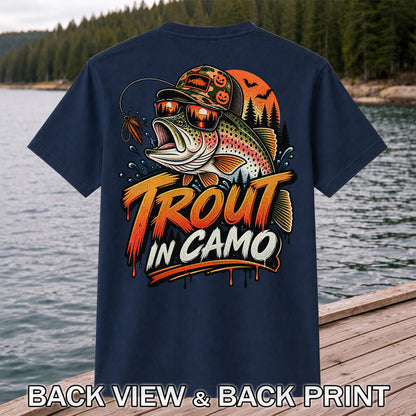 Trout in Camo Halloween Rainbow Trout Fishing Graphic T-Shirt | Back Print