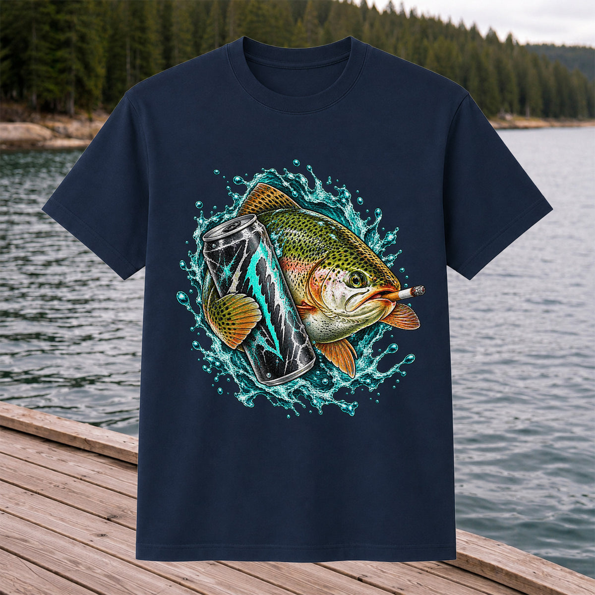 Rainbow Trout with Cigarette and Energy Drink Fishing T-Shirt