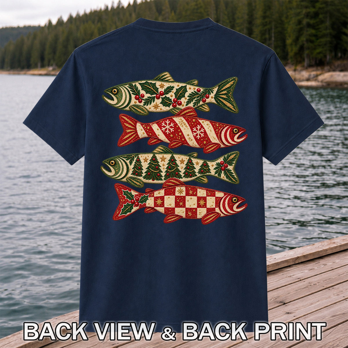 Christmas Trout Holiday Pattern Fishing Graphic T-Shirt | Back Print