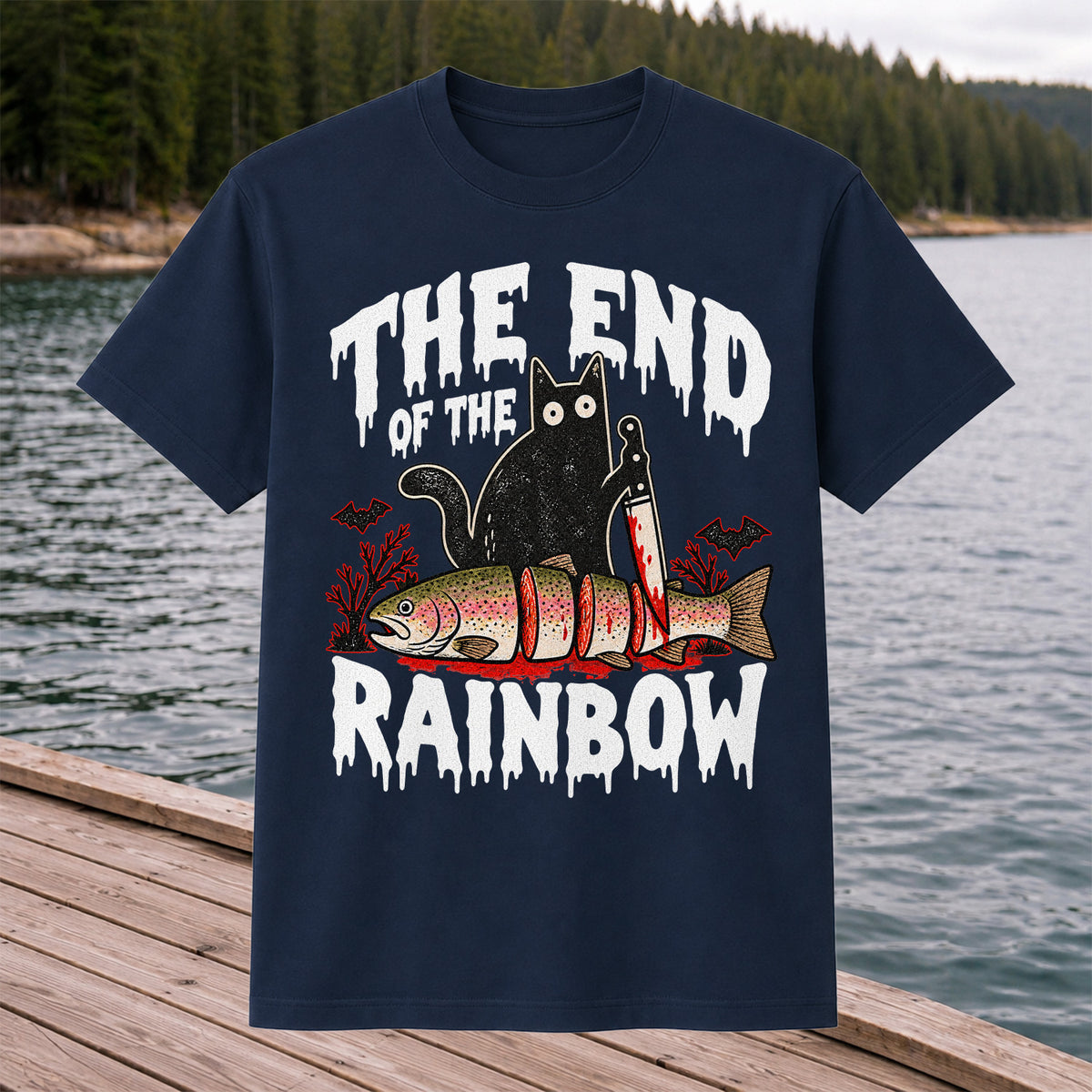 The End of the Rainbow Black Cat and Rainbow Trout Halloween Fishing T-Shirt