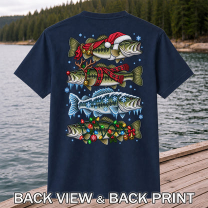 Christmas Bass with Santa Hat and Holiday Lights Fishing T-Shirt | Back Print