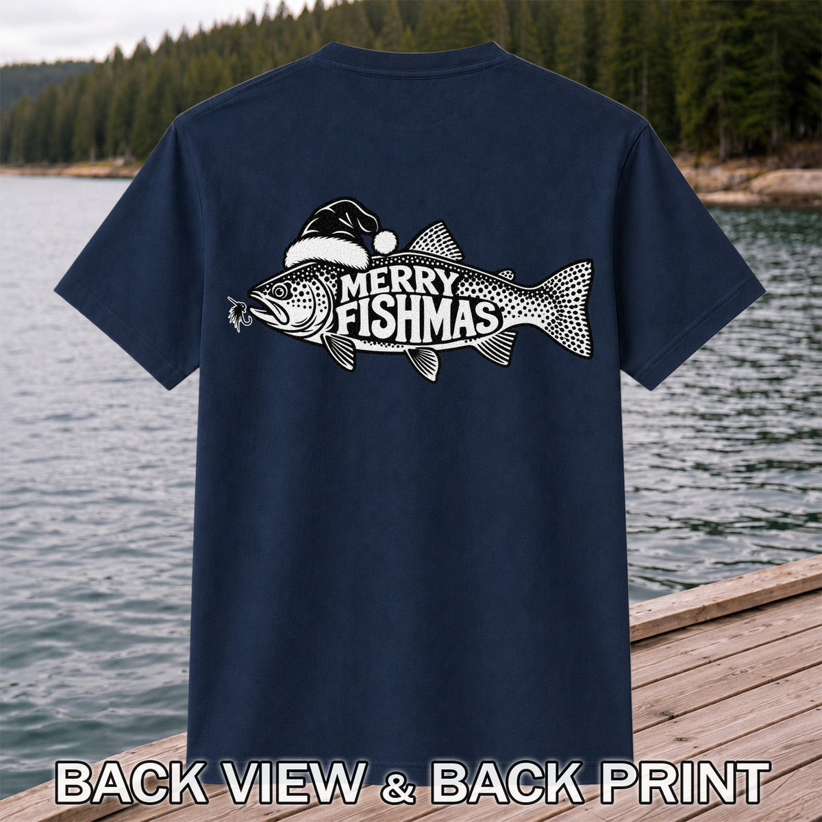 Merry Fishmas Black and White Trout Christmas Fishing T-Shirt | Back Print
