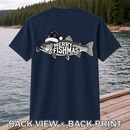 Merry Fishmas Black and White Trout Christmas Fishing T-Shirt | Back Print