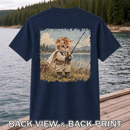 Vintage Kitten Fishing by the Lake Cute Cat Graphic T-Shirt | Back Print