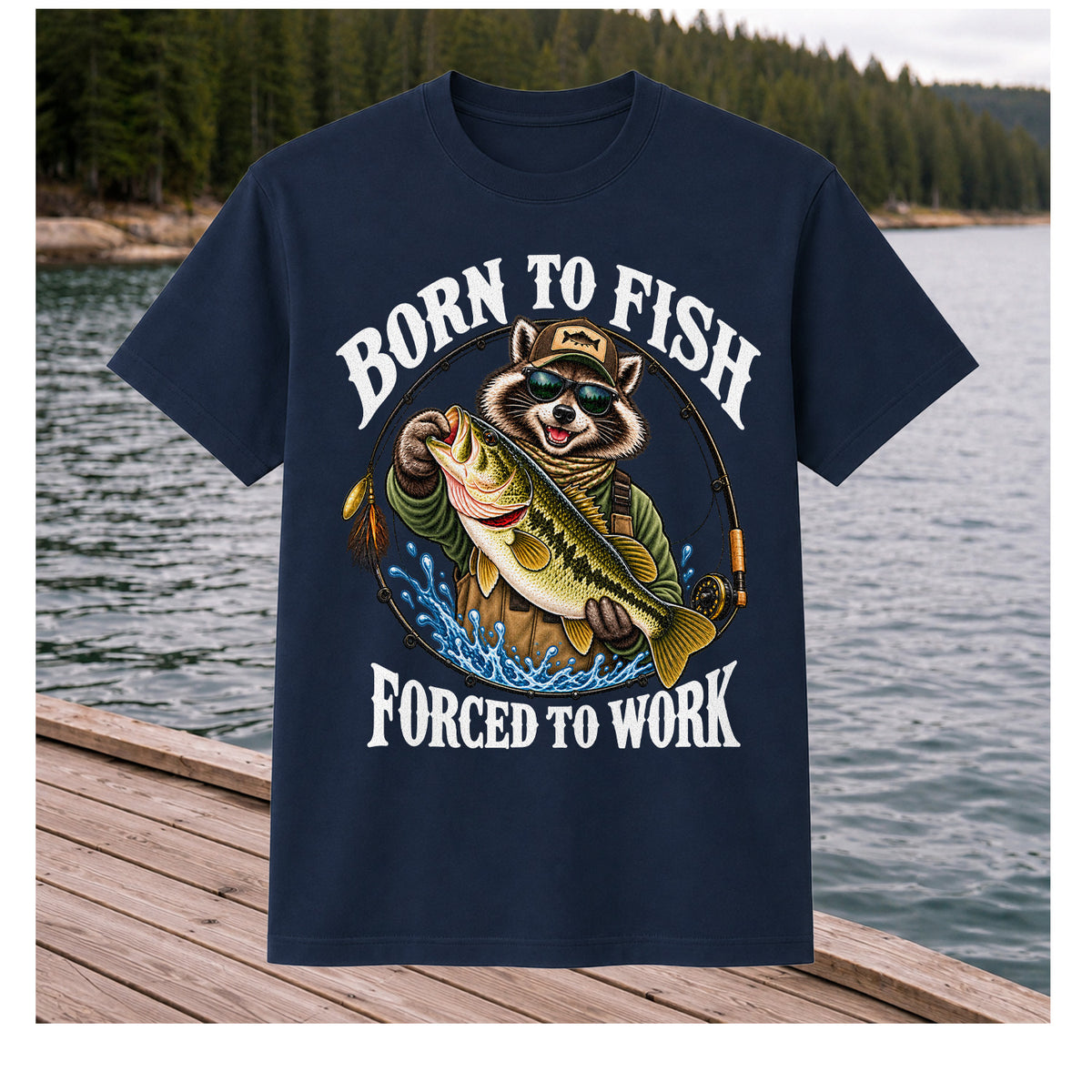 Born to Fish Forced to Work Raccoon Bass Graphic T-Shirt