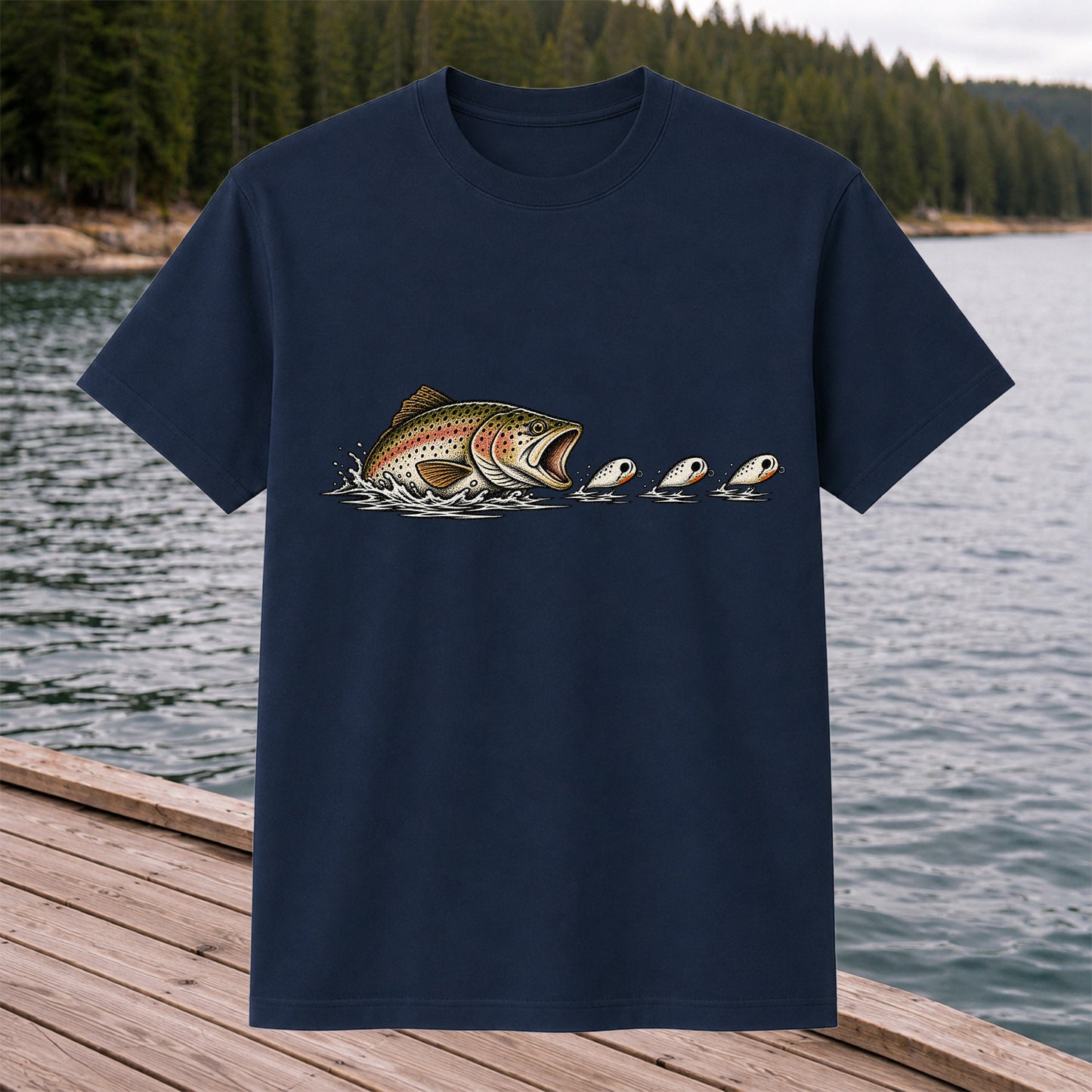 Brown Trout Chasing Fishing Lures Hand-Drawn Graphic T-Shirt