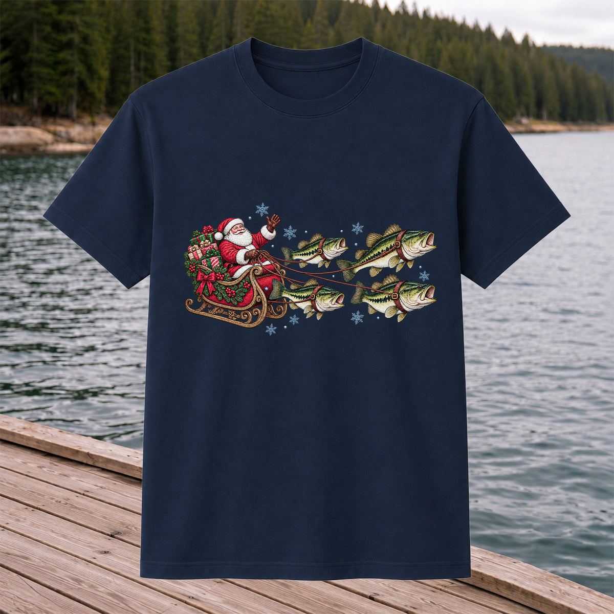 Santa in a Sleigh Pulled by Bass Christmas Fishing Graphic T-Shirt
