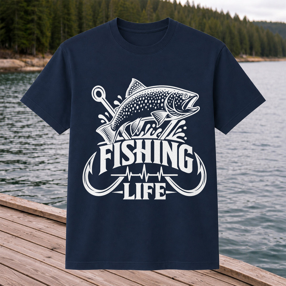 Fishing Life Trout and Hooks Heartbeat Graphic T-Shirt