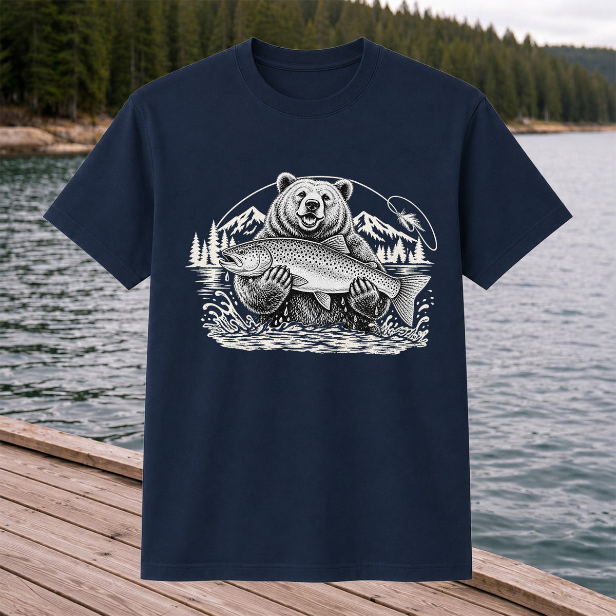 Bear Holding Trout in Mountain Lake Fishing Graphic T-Shirt