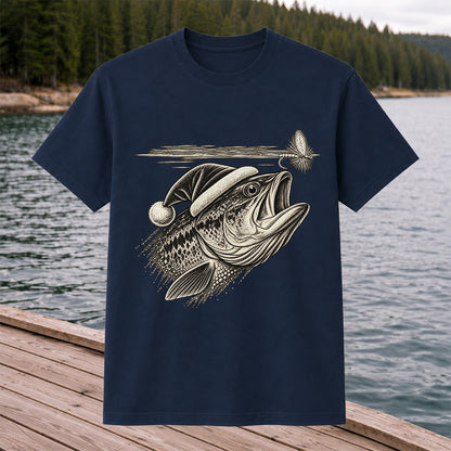 Santa Hat Bass Chasing a Fishing Fly Graphic T-Shirt