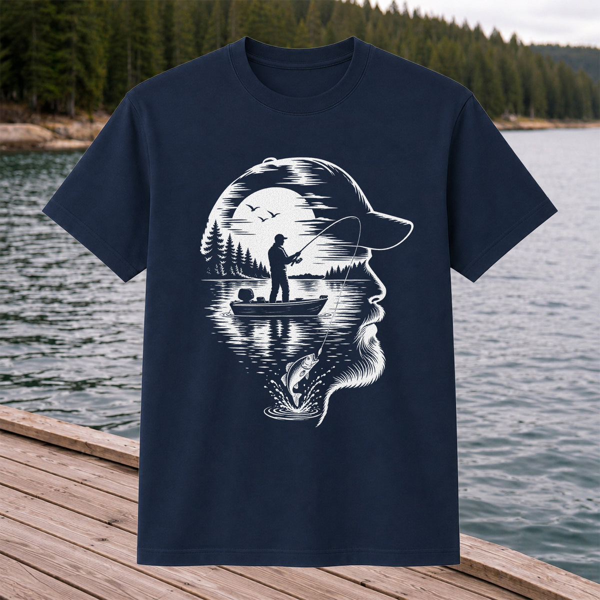 Bearded Angler Silhouette with Lake Fishing Scene Graphic T-Shirt