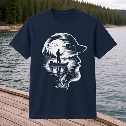 Bearded Angler Silhouette with Lake Fishing Scene Graphic T-Shirt