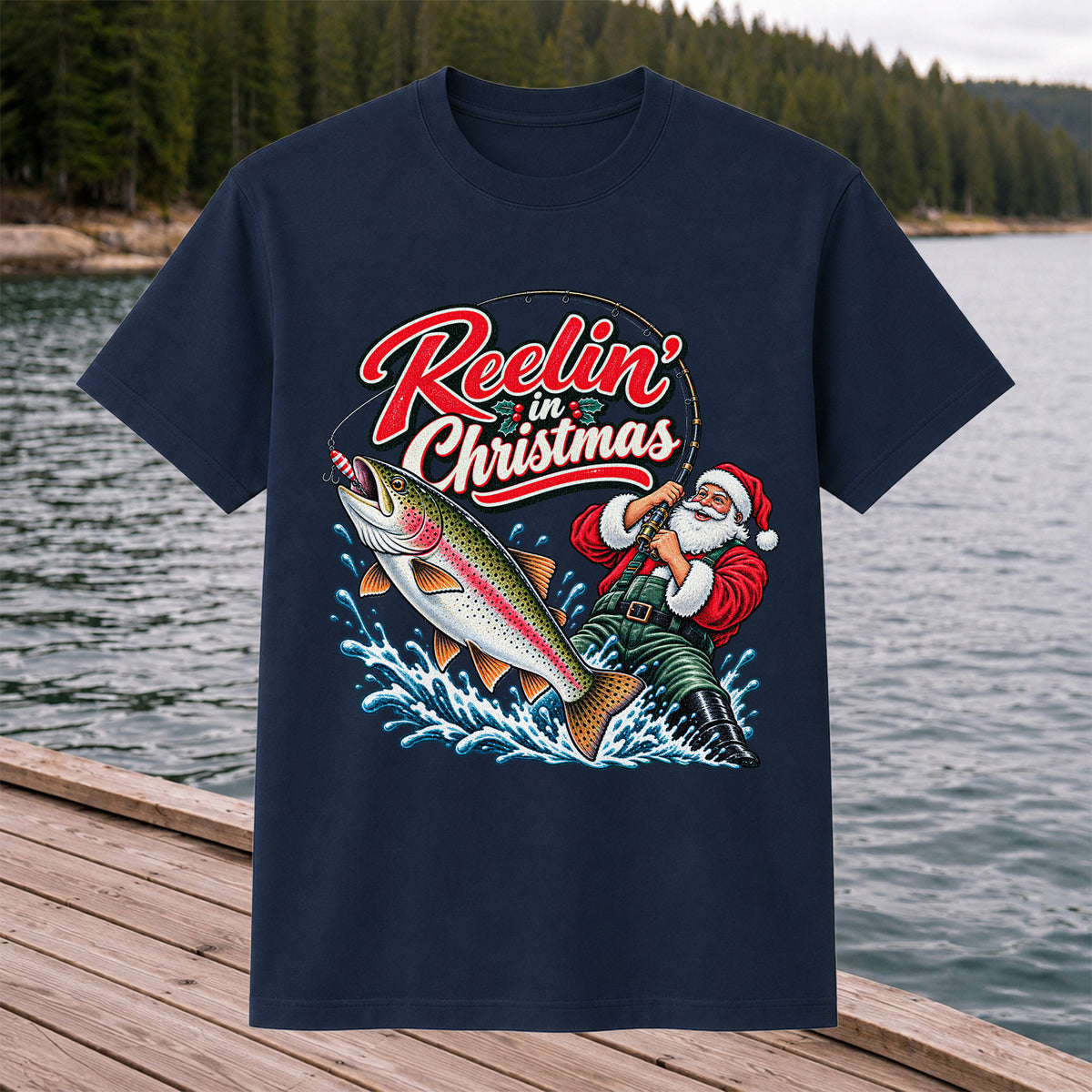 Reelin' in Christmas Santa Rainbow Trout Fishing T-Shirt