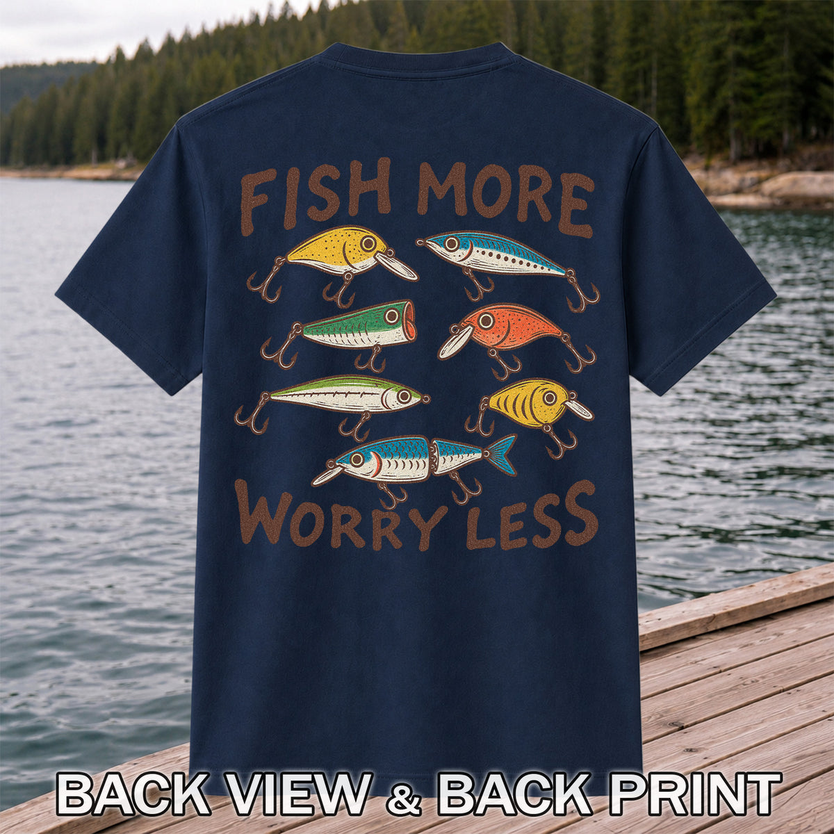 Colorful Fishing Lures and Hooks Graphic T-Shirt | Back Print