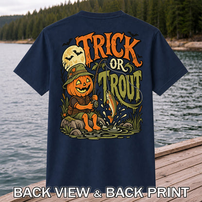 Trick or Trout Pumpkin Angler Halloween Fishing T-Shirt | Back Print