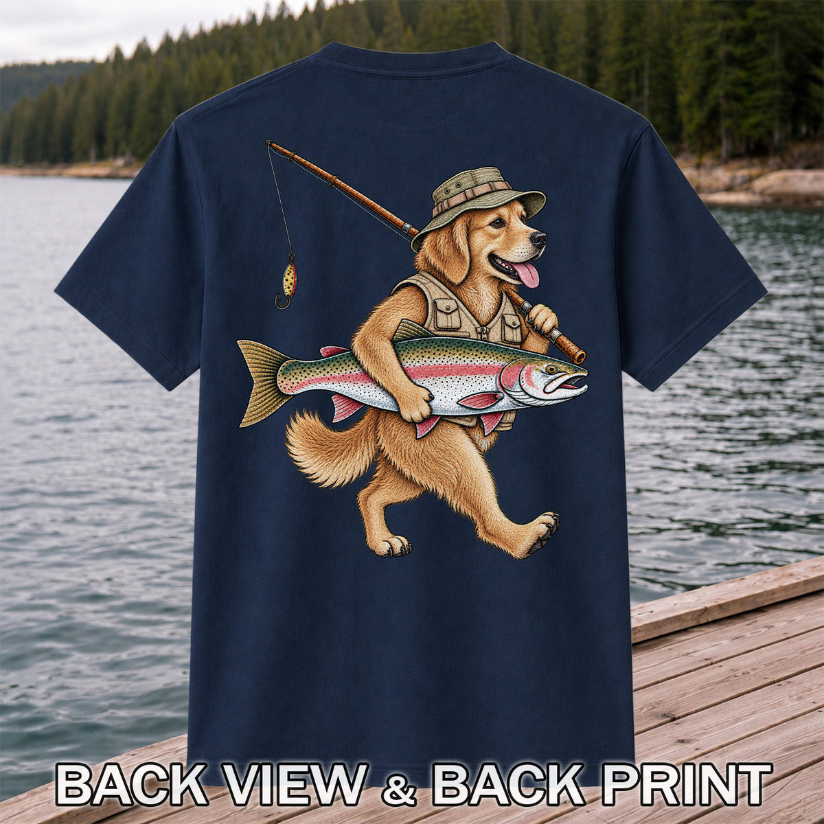 Golden Retriever Holding Rainbow Trout Fishing Graphic T-Shirt | Back Print