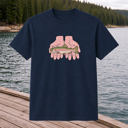 Rainbow Trout Held in Pink Hands Fishing Graphic T-Shirt