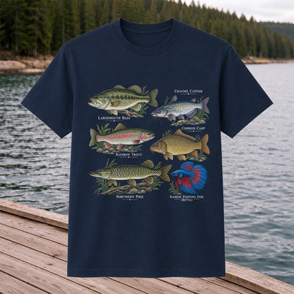 Bass Trout Catfish Carp Pike and Betta Freshwater Fish Graphic T-Shirt