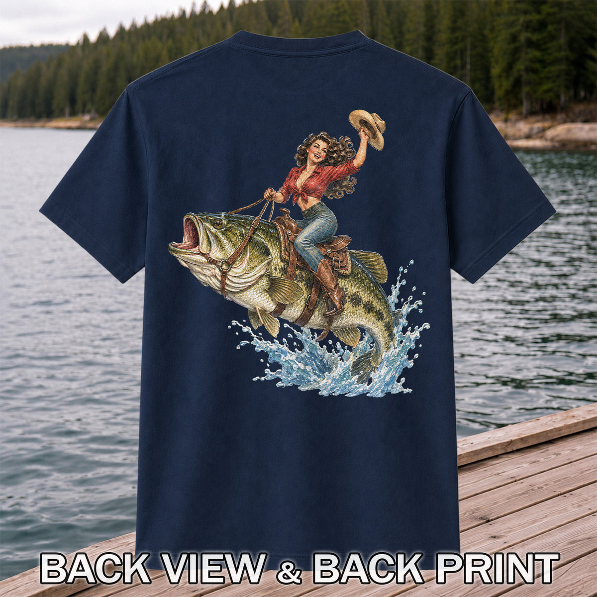 Vintage Cowgirl Riding a Largemouth Bass Fishing Graphic T-Shirt | Back Print