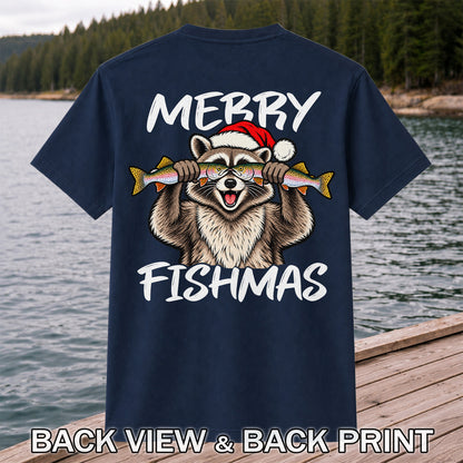 Merry Fishmas Raccoon Rainbow Trout Christmas Fishing T-Shirt | Back Print
