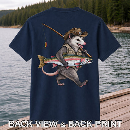 Cowboy Opossum Holding Rainbow Trout Fishing Graphic T-Shirt | Back Print