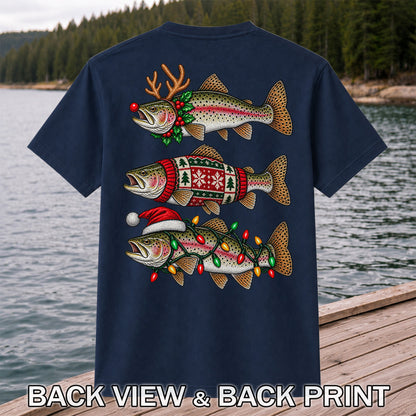 Christmas Trout Antlers Sweater and Lights Fishing T-Shirt | Back Print