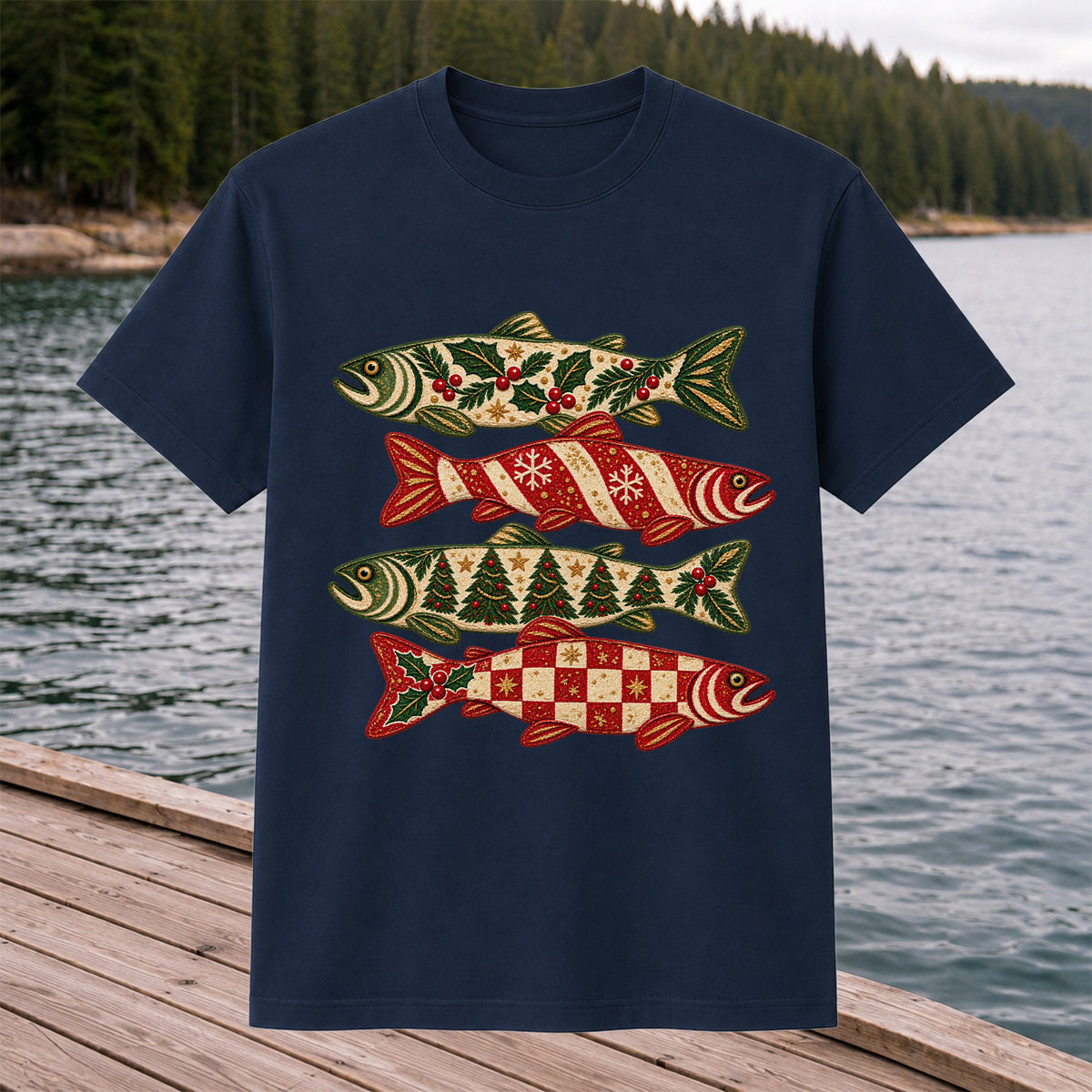 Christmas Trout Holiday Pattern Fishing Graphic T-Shirt