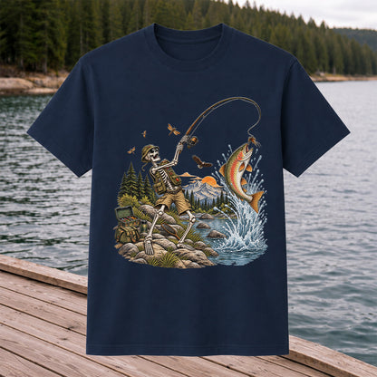 Skeleton Angler Catching Trout at a Mountain Lake Fishing T-Shirt