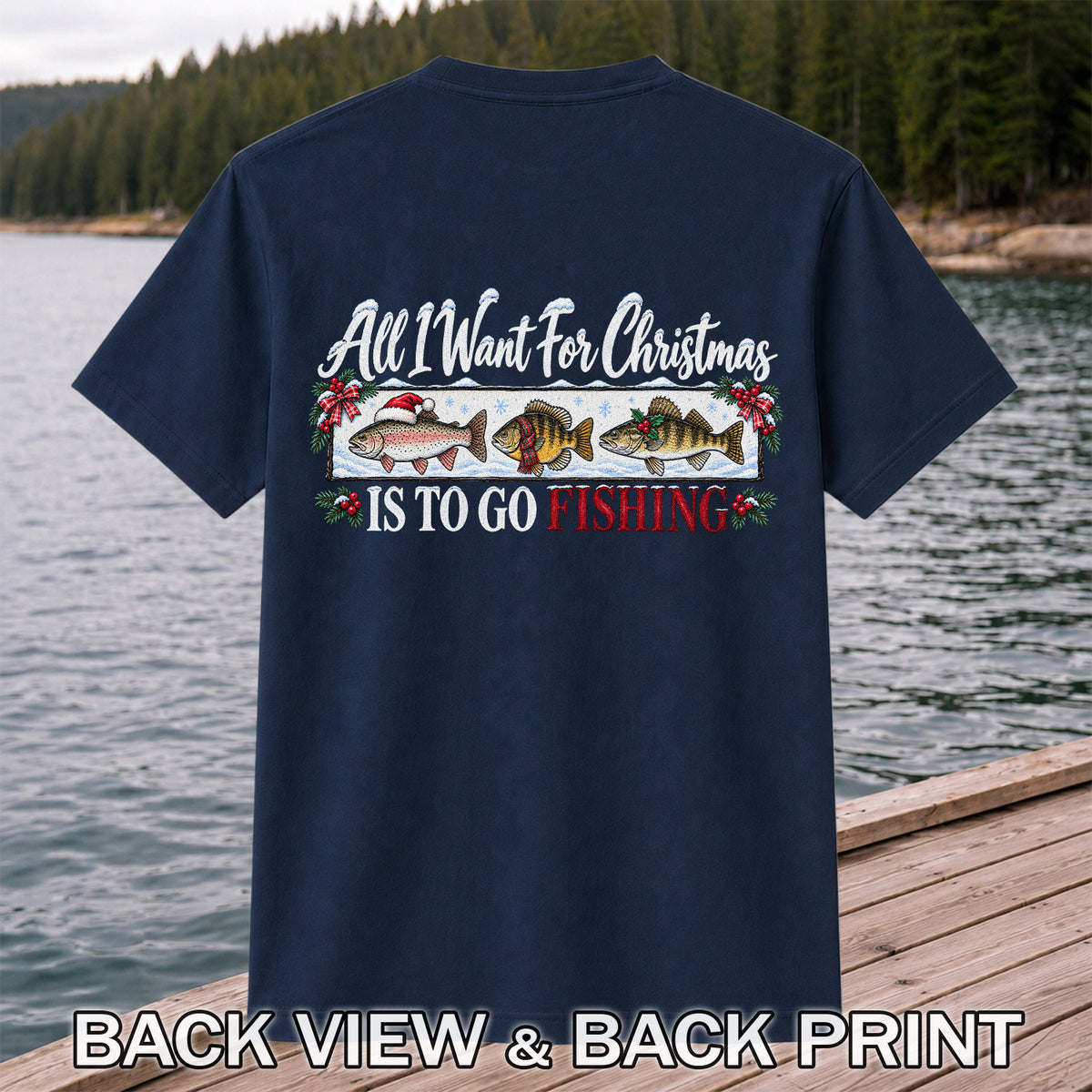 Christmas Freshwater Fish Fishing Graphic T-Shirt | Back Print
