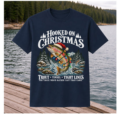Hooked on Christmas Rainbow Trout Fishing Graphic T-Shirt