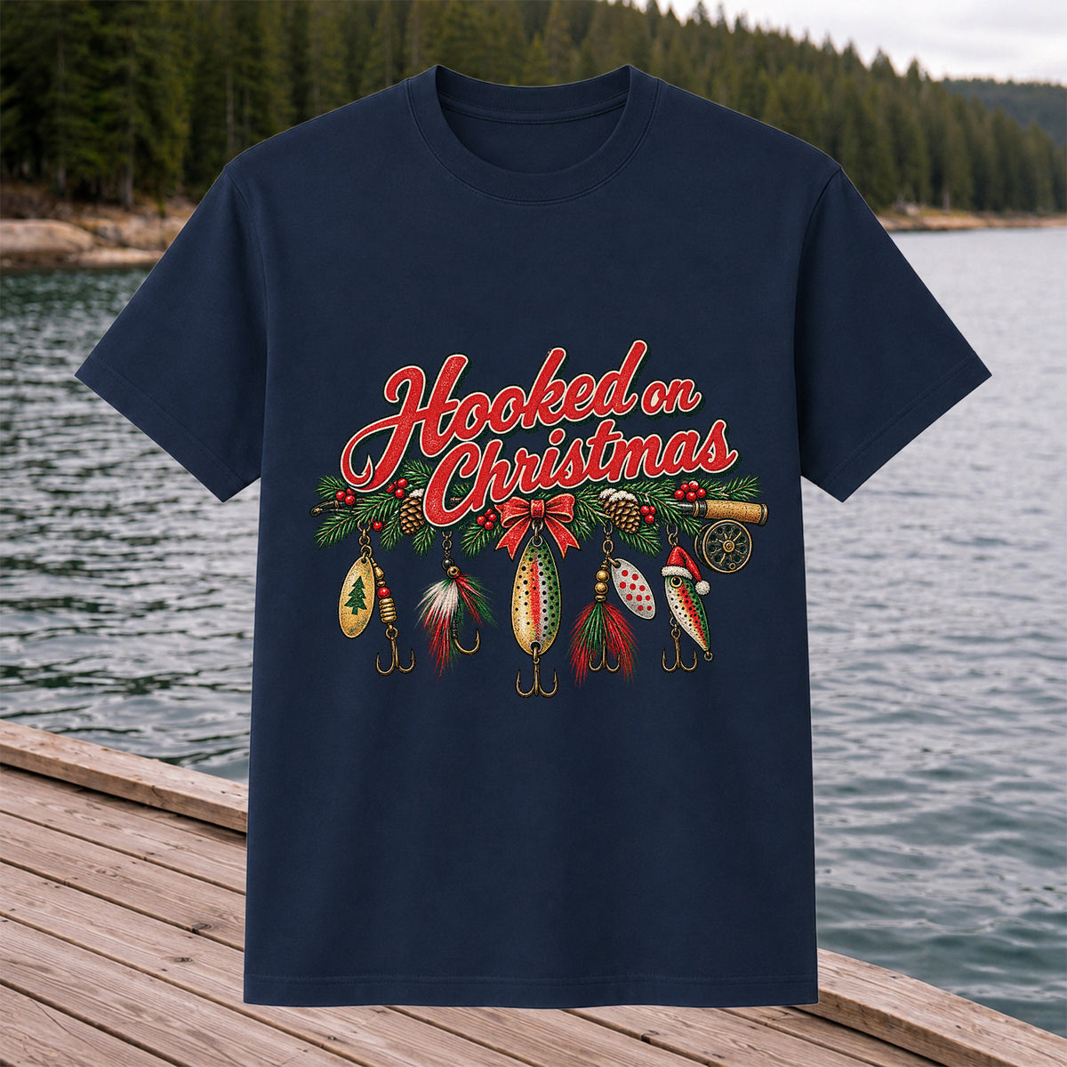 Hooked on Christmas Fishing Lure Ornaments Graphic T-Shirt
